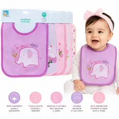 GENERICO - Set x5 Baberos Toalla para Bebé Niña 100% Algodón Absorbente con Diseños Bordados