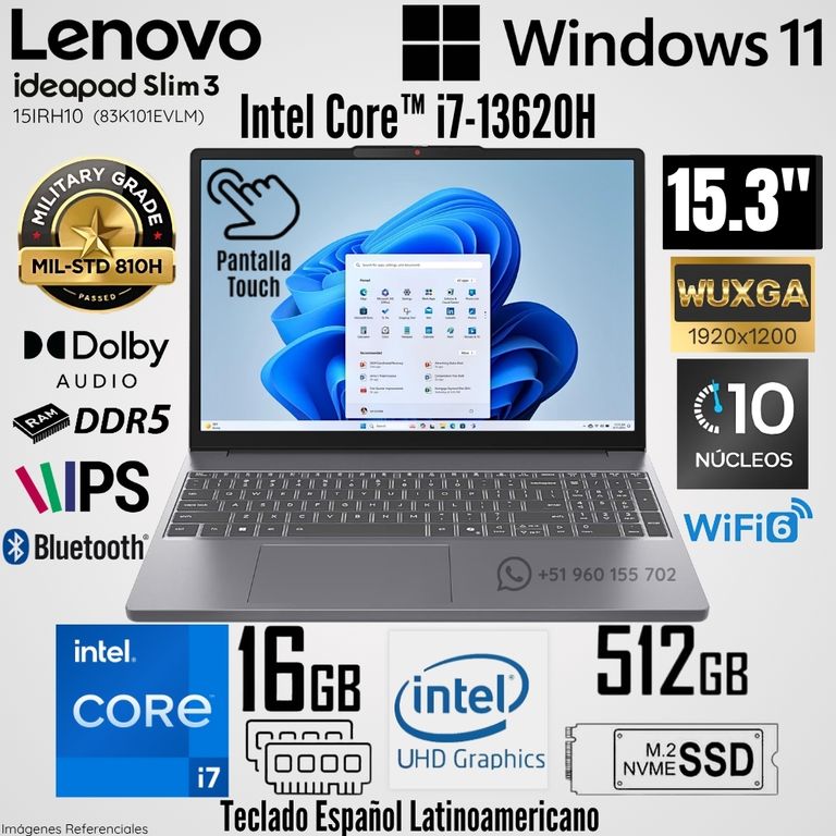 Laptop IdeaPad Slim 3 15IRH10 Intel Core i7-13620H 16GB RAM 512GB SSD 15.3" WUXGA Táctil