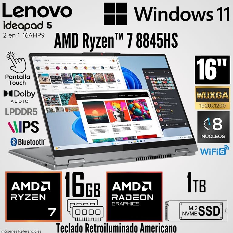 Laptop IdeaPad 5 2 en 1 16AHP9 AMD Ryzen 7 8845HS 16GB RAM 1TB SSD 16" WUXGA Táctil
