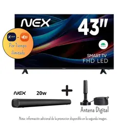 NEX - Televisor 43 Pulgadas FHD Android 14 TVLED43S + Promoción+ Soundbar PSB32 + Antena Digital