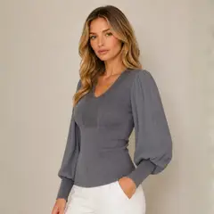 MARTINELA - Chompa Cuello V con Brillo Manga de Gasa Plisada - Gris