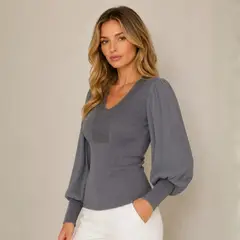 MARTINELA - Chompa/Blusa Mujer Cuello V con Brillo y Manga de Gasa Plisada - Gris
