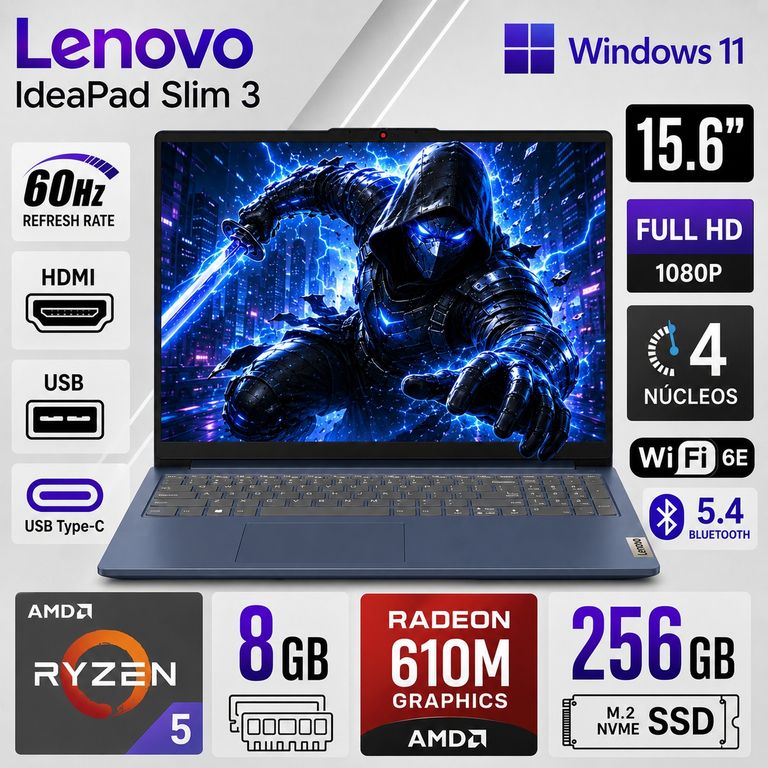 Laptop IdeaPad Slim 3 Ryzen 5 40 8GB RAM 256GB SSD 15.6" FHD Windows 11 82XQ012GUS
