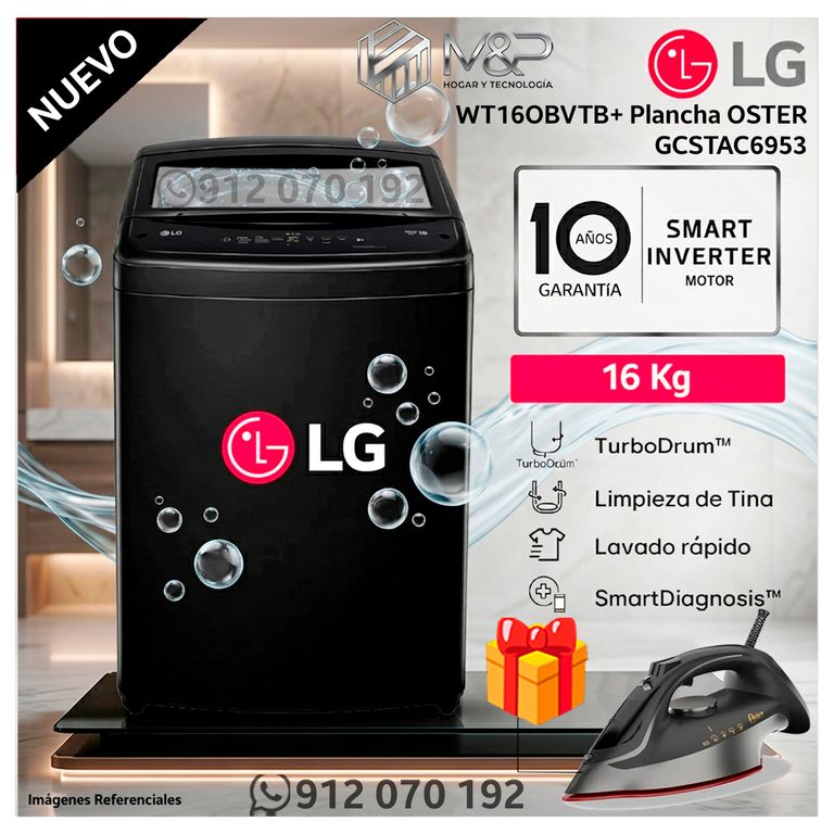 Lavadora WT16OBVTB 16 kg Carga Superior TurboDrum - Negro + Plancha de vapor GCSTAC6953
