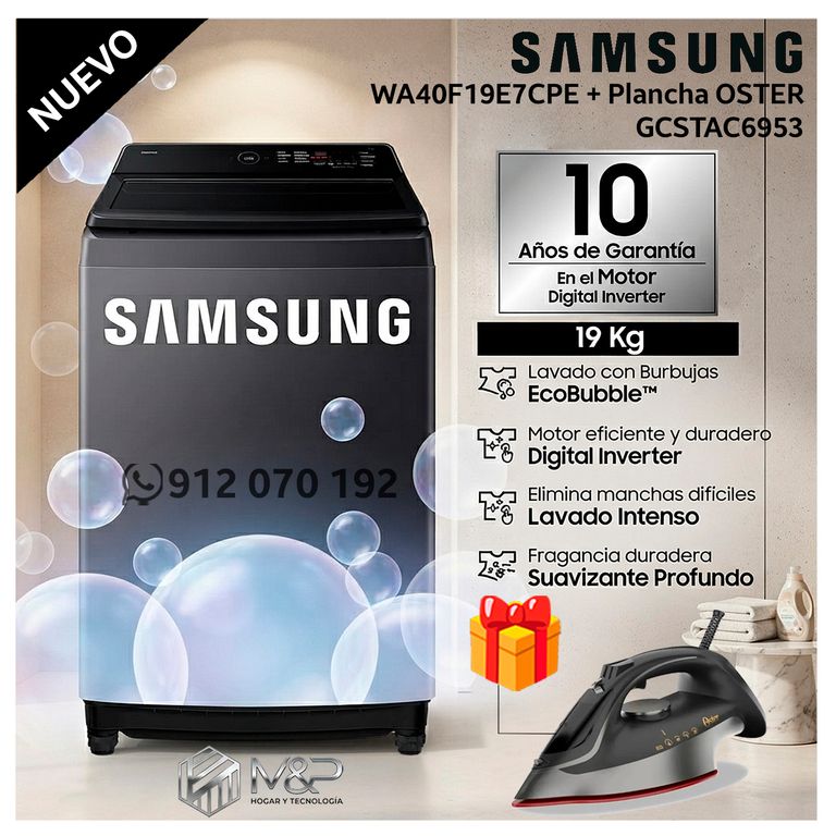 Lavadora 19kg Ecobubble WA40F19E7CPE Gris Grafito + Plancha de vapor GCSTAC6953
