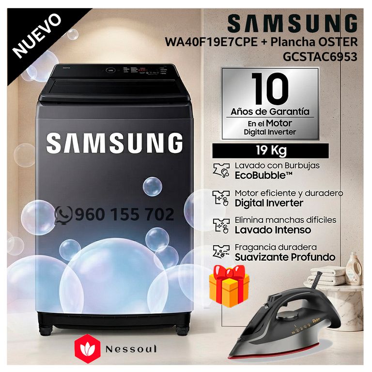 Lavadora 19kg Ecobubble WA40F19E7CPE Gris Grafito + Plancha de vapor GCSTAC6953