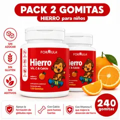GENERICO - Pack 2 Gomitas Hierro + Vit C + Calcio Niños Anemia 240 Und Naranja Sin azucar Sin gluten Formula V