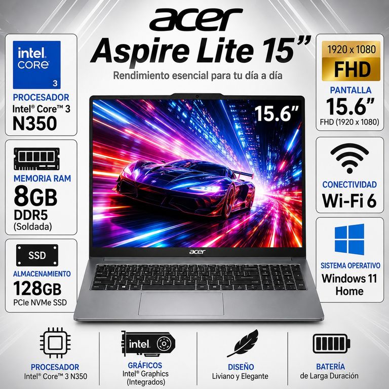 Laptop 15 Intel Core 3 N350 8GB 128GB SSD 15.6" FHD Windows 11 AL15-36P-32XP