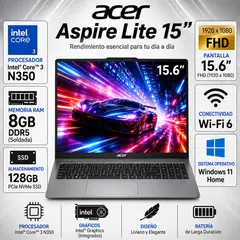 ACER - Laptop 15 Intel Core 3 N350 8GB 128GB SSD 15.6" FHD Windows 11 AL15-36P-32XP