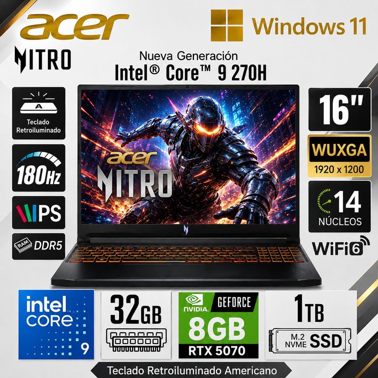 Laptop Gamer Nitro V16 Intel Core 9 270H 32GB 1TB SSD RTX 5070 16" 180Hz ANV16-72-933F