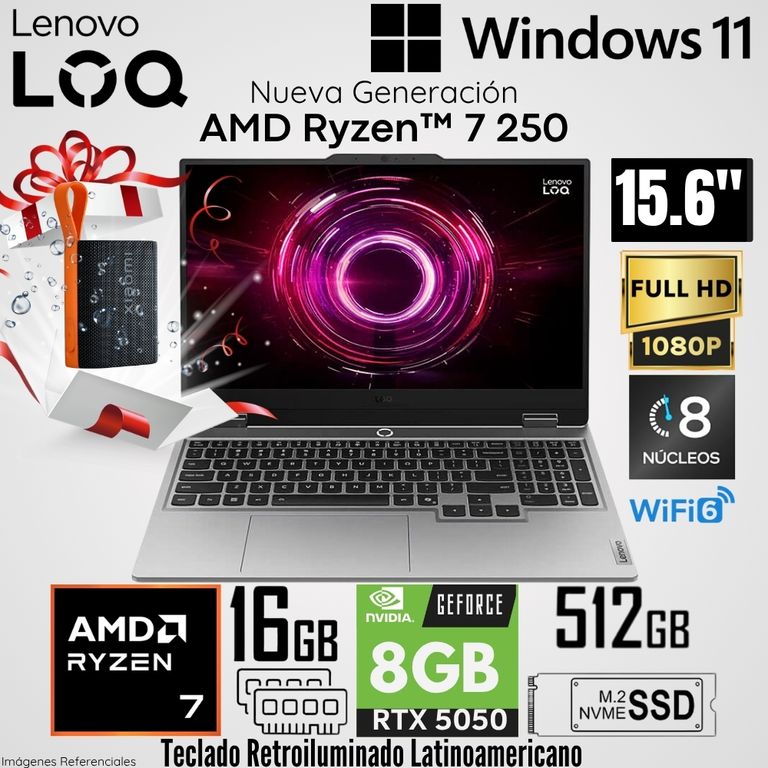 Laptop LOQ 15AHP10 AMD Ryzen 7 250 16GB RAM 512GB SSD RTX 5050-8GB 15.6" FHD 144Hz + Regalo