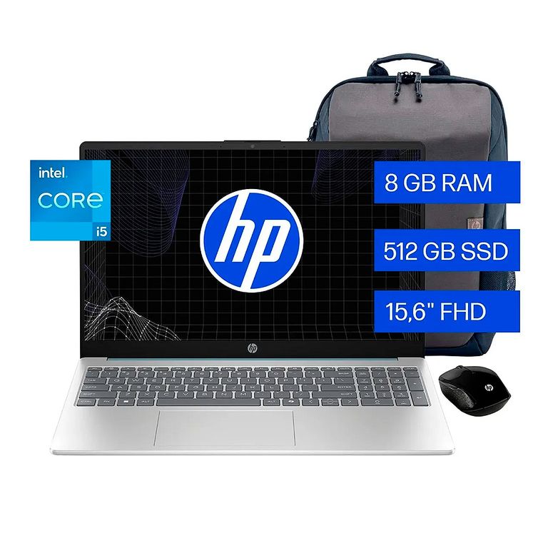 Laptop 15.6 HD Intel Ci5 15-FD0253LA 8GB 512GB SSD 15.6" 13va Gen + Mochilla y Mouse - Plateado