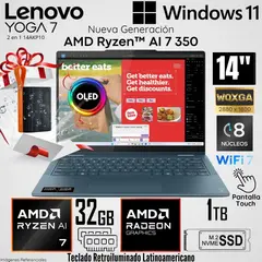 LENOVO - Laptop Yoga 7 2 en 1 14AKP10 AMD Ryzen AI 7 350 32GB RAM 1TB SSD 14" OLED 2.8K TÁCTIL +Regalo