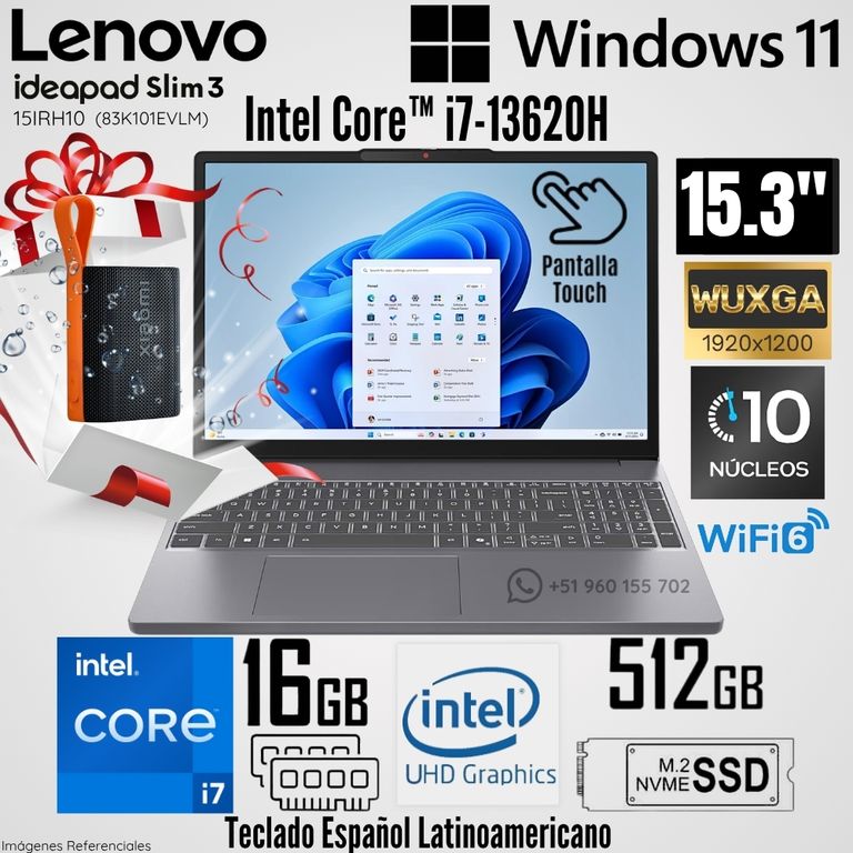Laptop IdeaPad Slim 3 15IRH10 Intel Core i7-13620H 16GB RAM 512GB SSD 15.3" Táctil + Regalo