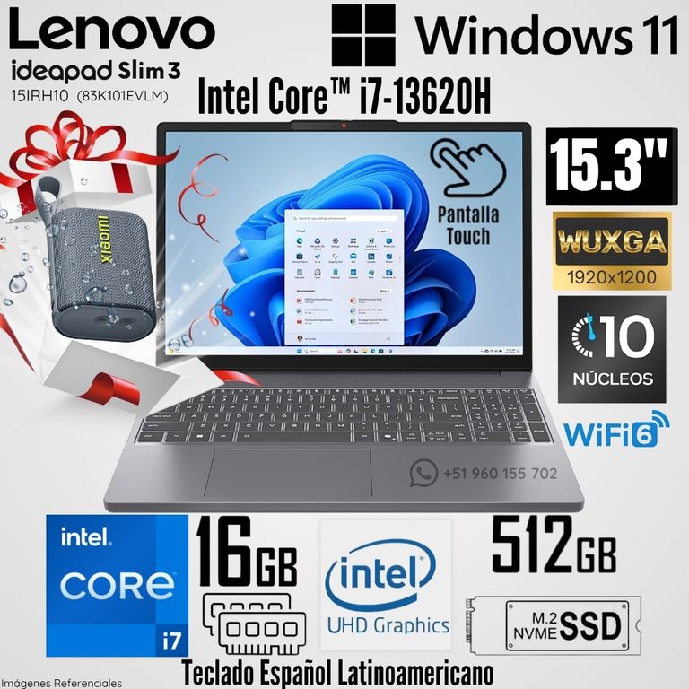 Laptop IdeaPad Slim 3 15IRH10 Intel Core i7-13620H 16GB RAM 512GB SSD 15.3" Táctil + Regalo