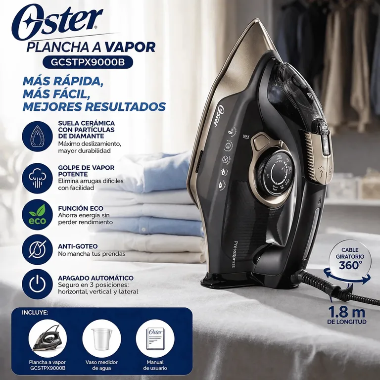 Plancha a Vapor GCSTPX9000B Suela Cerámica con Partículas de Diamante Antiadherente