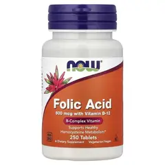 NOW - Ácido fólico 800 mcg + B-12 (cianocobalamina) 25 mcg, vitamina del complejo B, 250 tabletas