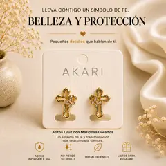 GENERICO - Aretes Cruz con Mariposa Dorados con Piedras Preciosas Hipoalergénicos