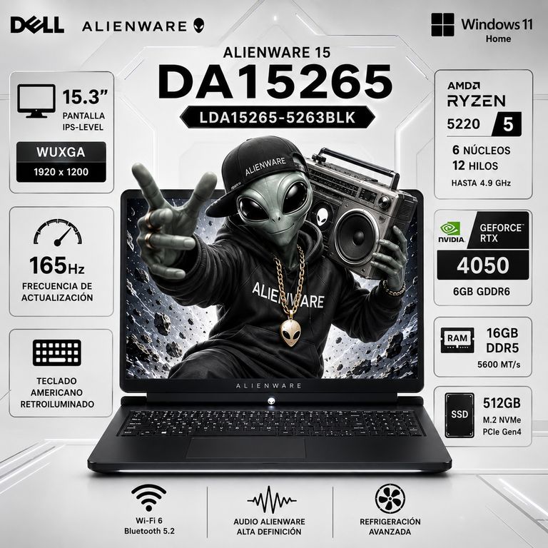 Laptop Alienware 15 Ryzen 5 220 16GB DDR5 512GB SSD RTX 4050 6GB 15.3 WUXGA 165Hz Win 11 DA15265