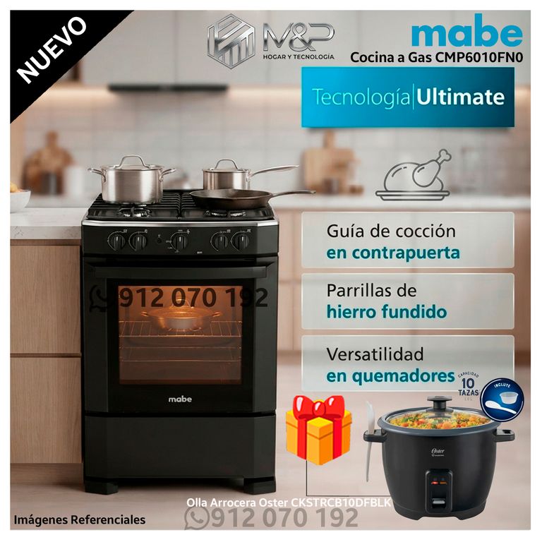 Cocina a Gas 60 cm Negro CMP6010FN0 + Olla arrocera CKSTRCB10DFBLK