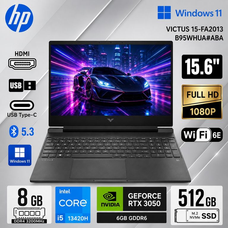 Laptop Gamer Victus 15.6" FHD 144Hz Core i5-13420H 8GB 512GB SSD RTX 3050 6GB 15-FA2013DX