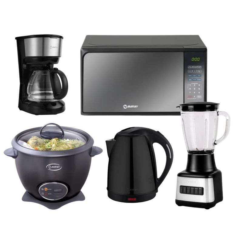 Combo Olla Arrocera Negro 1.5L + Licuadora 1.5L + Horno Microondas 20L + Hervidor 1.8 Litros Negro + Cafetera 6 Tazas