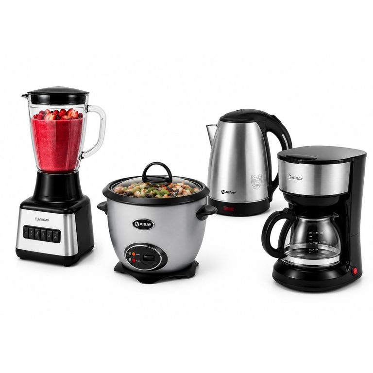Combo Olla Arrocera Gris 1.5L + Licuadora 1.5L + Hervidor 1.8 Litros Plata + Cafetera 6 Tazas