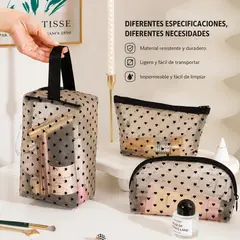 GENERICO - SET X4 NECESER COSMETIQUERA ORGANIZADOR DE MAQUILLAJE TRANSPARENTE ESTAMPADO CORAZONES CON CIERRE