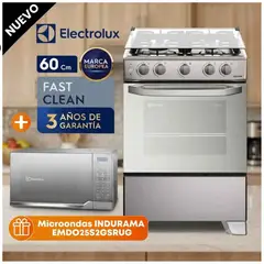 Electrolux - Cocina Gas 4 Hornillas VaporBake Silver FE4GMR + Horno microonda 25L EMDO25S2GSRUG