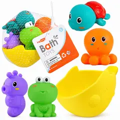 GENERICO - Set de Juguetes para Baño de Bebé 5 Piezas con Barquito y Animales de Goma
