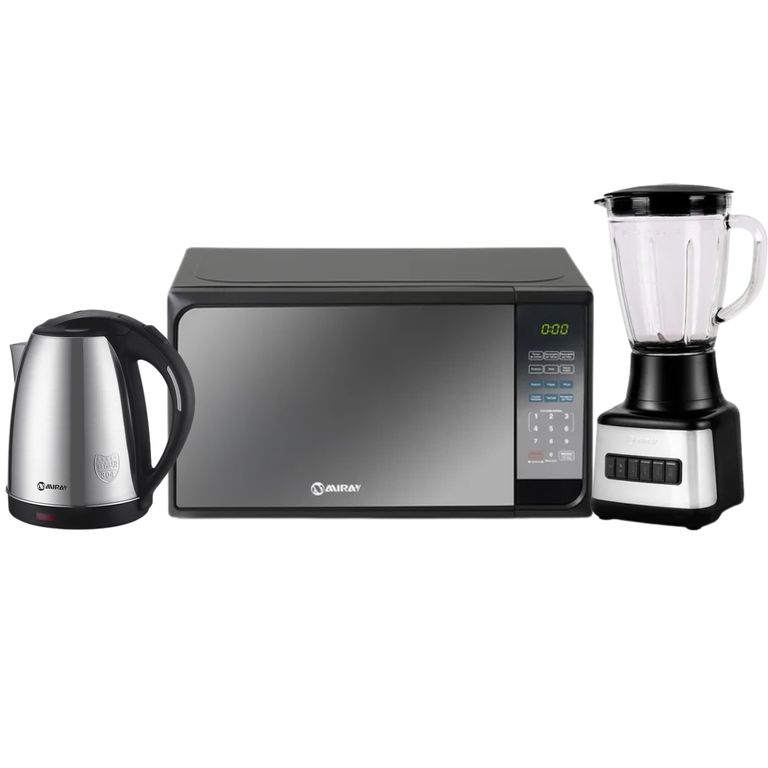 Combo Licuadora 1.5L + Horno Microondas 20L + Hervidor 1.8 Litros Plata