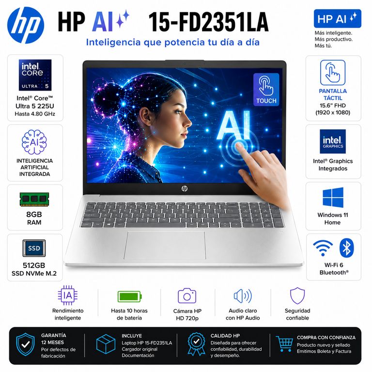 Laptop Core Ultra 5 225U 8GB RAM 512GB SSD 15.6 FHD Touch Windows11 - 15-FD2351LA