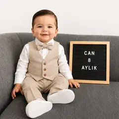 BUKI - CONJUNTO BAUTIZO BEIGE TRAJE FORMAL PANTALÓN, CHALECO Y CORBATA
