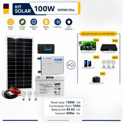 OEM - Kit Solar Completo con Panel Solar 100W Inversor Onda Pura 600W PWM 10A y Batería Gel 40Ah 12V
