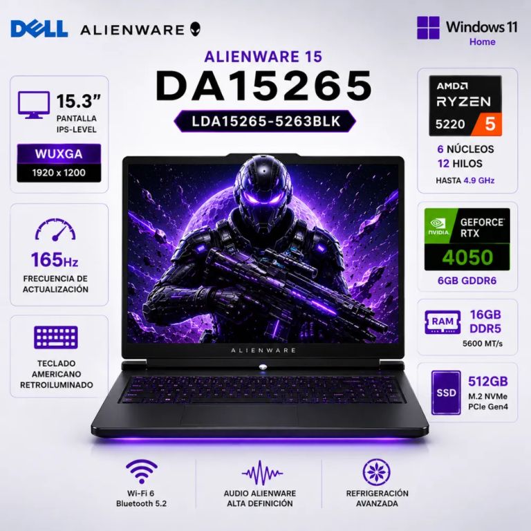 LAPTOP ALIENWARE 15 DA15265 GAMING RYZEN 5 512GB SSD 16GB DDR5 15.3 WUXGA 165HZ RTX 4050 6GB WIN 11 BLACK - LDA15265-5263BLK
