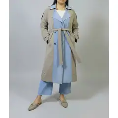 GENERICO - Gabardina Larga Bicolor Denim con Cinturón - Talla L