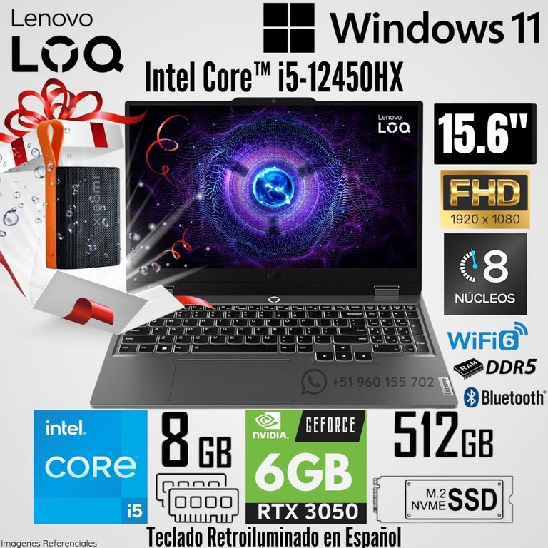 Laptop LOQ 15IAX9 Intel Core™ i5-12450HX 8GB RAM 512GB SSD RTX 3050-6GB 15.6" FHD + Regalo