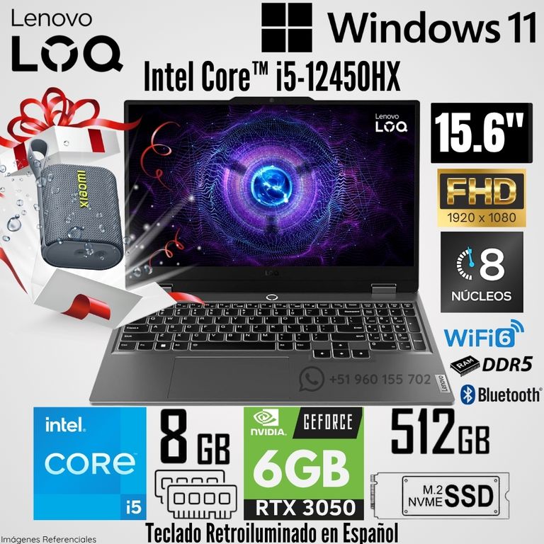Laptop LOQ 15IAX9 Intel Core™ i5-12450HX 8GB RAM 512GB SSD RTX 3050-6GB 15.6" FHD + Regalo