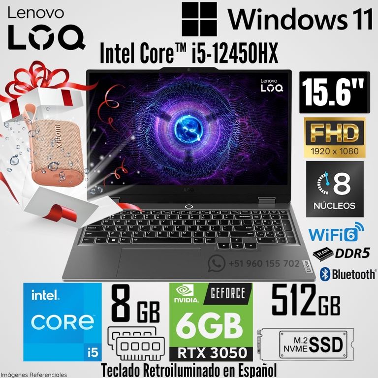 Laptop LOQ 15IAX9 Intel Core™ i5-12450HX 8GB RAM 512GB SSD RTX 3050-6GB 15.6" FHD 144 Hz