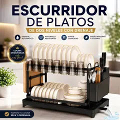 GENERICO - Escurridor de Platos de 2 Niveles Organizador con Drenaje, Porta Tazas y Porta Cubiertos - Negro