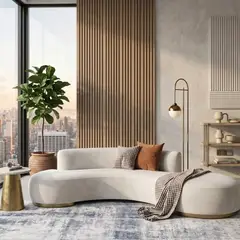 GENERICO - Sofá Curvo Moderno con Zócalo de Acero Dorado en Tela Chenille Antifluido - 250 cm x 85 cm - LMueble