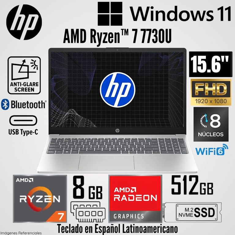 Laptop 15-FC0287LA AMD Ryzen 7 7730U 8GB RAM 512GB SSD 15.6" FHD Plata