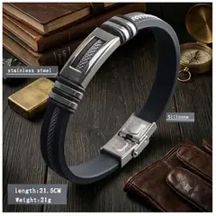 GENERICO - Pulsera de brazalete de acero inoxidable y cuero genuino