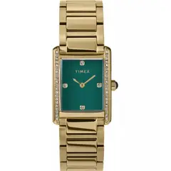 TIMEX - Reloj Hailey Mujer Dial Verde Esmeralda Caja Rectangular Dorada 24mm Brazalete Acero TW2W87500