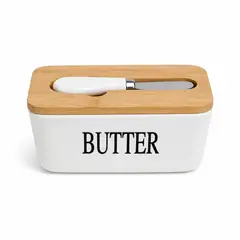 GENERICO - Mantequillera Blanca de Cerámica con Tapa de Bambú y Cuchillo 17.3 cm