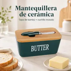 GENERICO - Mantequillera Verde Oscuro de Cerámica con Tapa de Bambú y Cuchillo 17.3 cm