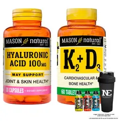 Mason Natural - COMBO VITAMINAS MASON - ÁCIDO HIALURÓNICO 100 MG + VITAMINA K2 + D3 + SHAKER