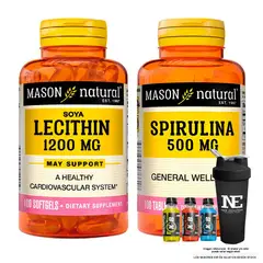 Mason Natural - COMBO VITAMINAS MASON - LECITINA DE SOYA 1200 MG + ESPIRULINA 500 MG + SHAKER