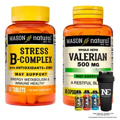 Mason Natural - COMBO MASON- STRESS FORMULA B-COMPLEX CON ANTIOXIDANTES+ VALERIANA 500MG+SHAKER