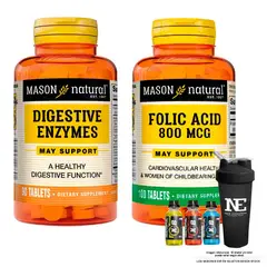 Mason Natural - COMBO VITAMINAS MASON NATURAL- ENZIMAS DIGESTIVAS + ÁCIDO FÓLICO 800MCG +SHAKER